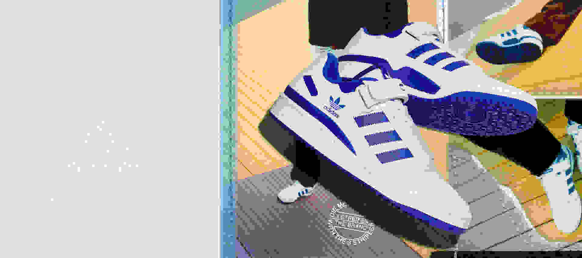 The Forum Low in white and blue shown over collage of model wearing the product.