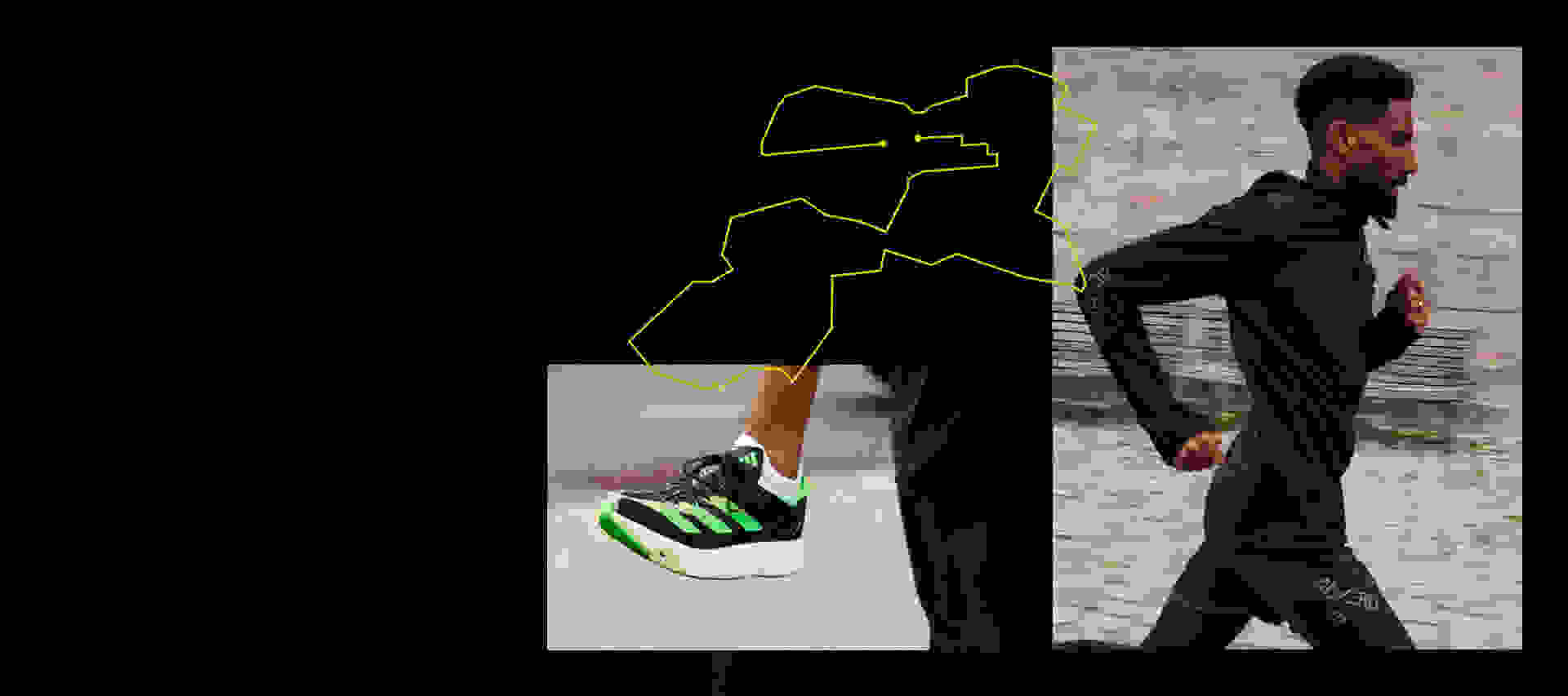 Image of an athlete running and an image of a shoe with the outline of a race track.