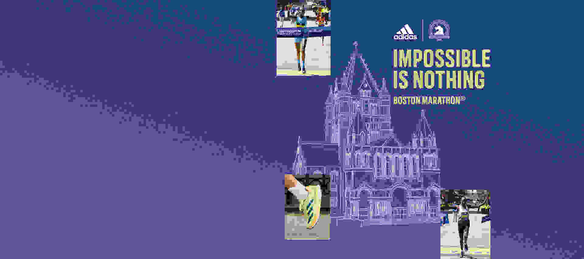 Two athletes crossing the finish line and an image of a shoe placed over a building silhouette