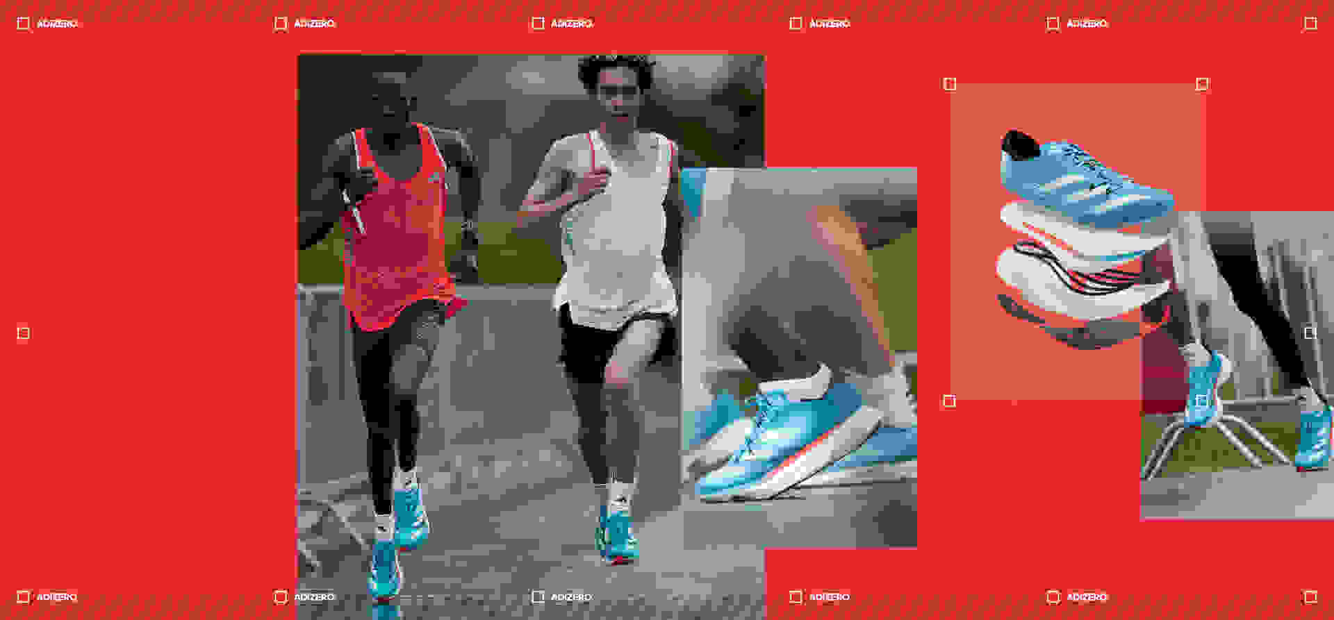 Montage of runners in motion wearing Adizero Pro 3 while racing each other, close-up on running shoe, cross-section of the layers of foam in Adizero Pro 3.