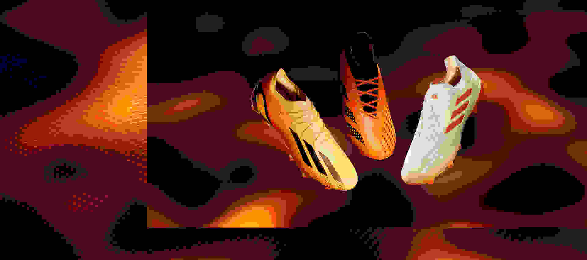 Three adidas football boots, Predator, Copa and X, touch the ground. It looks like a heatmap in hues of orange and red