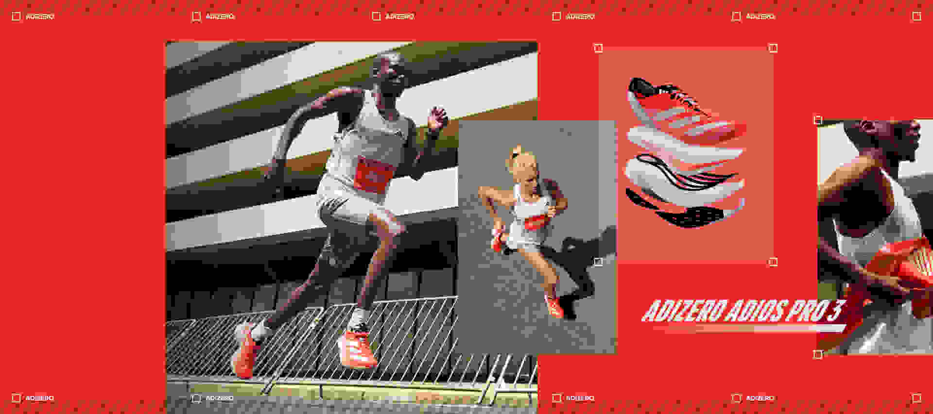 Both male and female runners wear the Adizero Adios Pro 3 shoes while racing. A deconstructed image shows the LIGHTSTRIKE PRO sole, ENERGYRODS 2.0 and CONTINENTAL™ textile rubber.