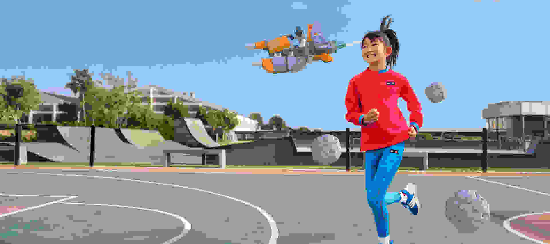 Smiling girl running through asteroids with a rocket ship flying past