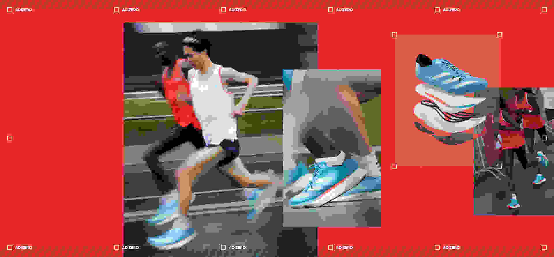 Montage of runners in motion wearing Adizero Pro 3, close-up on running shoe, cross-section of the layers of foam in Adizero Pro 3, Peres Jepchirchir wearing Adizero while racing.