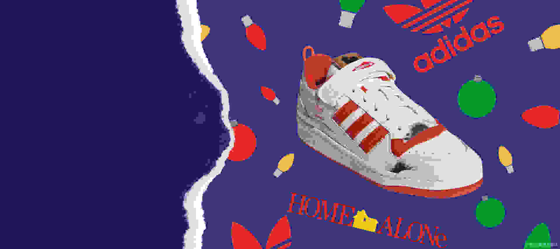A close-up of the shoe with a white upper, printed burn marks and red logos, Three Stripes, lining and outsole on festive wrapping paper.