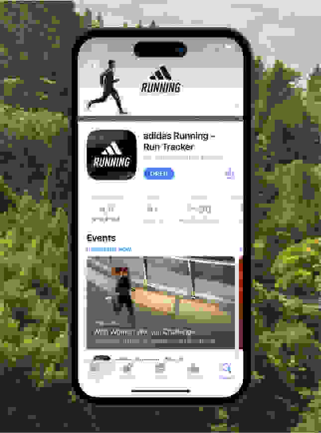 Visual of the adidas running app on the apple app store. Step 1, Download the adidas Running app on your mobile device.