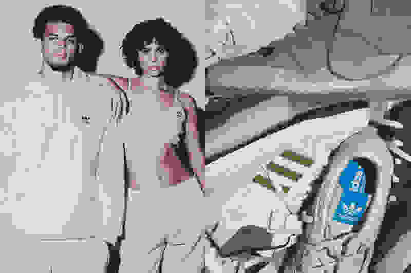 Side-by-side images of a woman in an adidas tank top resting her forearm on the shoulder of a man standing beside her in a matching adidas hooded sweatshirt, and a digital collage of adidas sneakers positioned at various angles.
