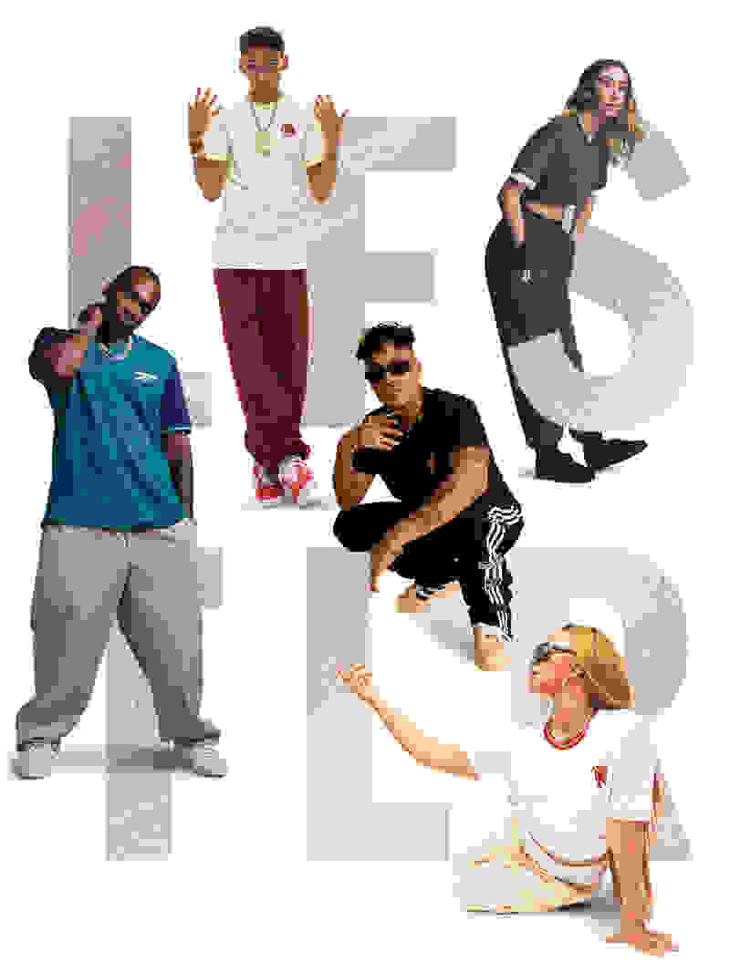 Group of five male and female influencers wearing the new LFTSLR collection.