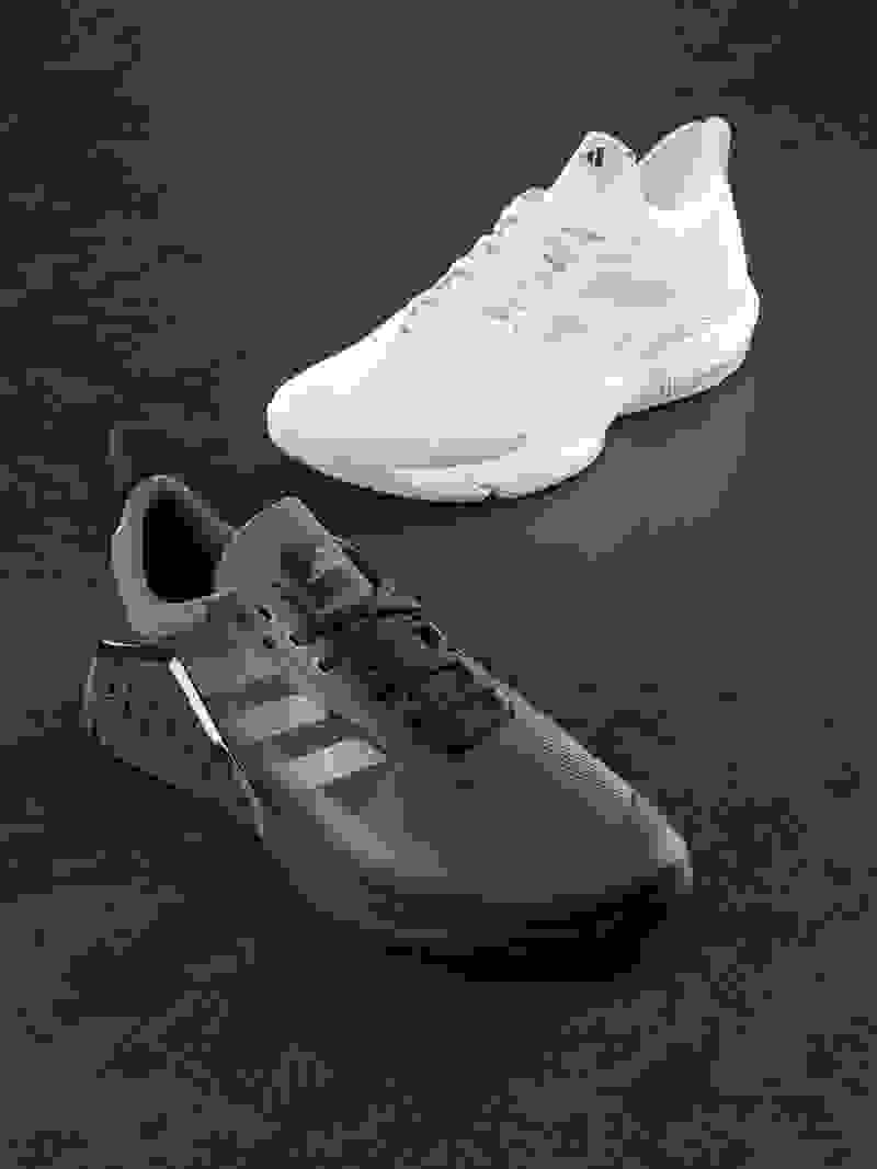 The image shows one Dropset 2 black trainer and one Rapidmove Advance white trainer at a three quarter angle.