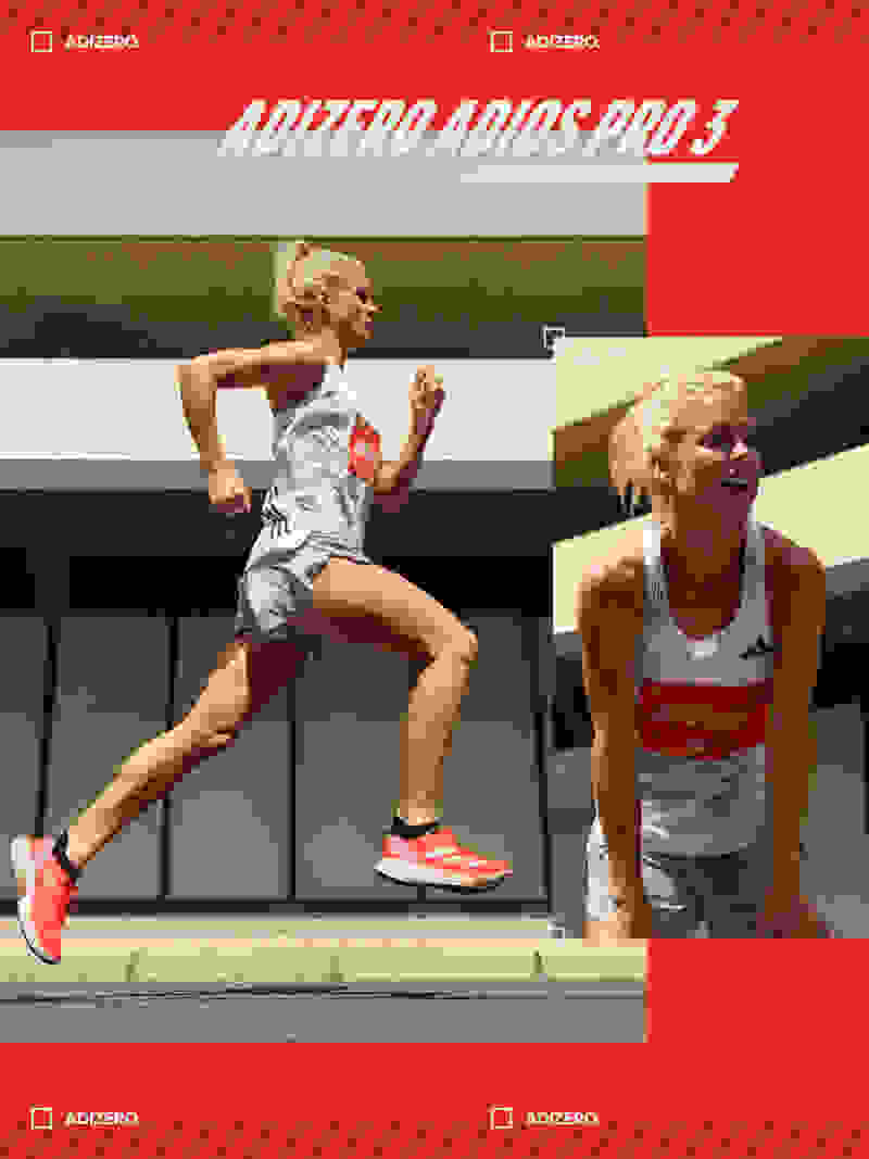 A collage image shows a female runner during a race wearing the Adizero Adios Pro 3.