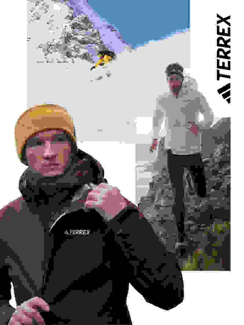 A person wearing an adidas Terrex hat and jacket