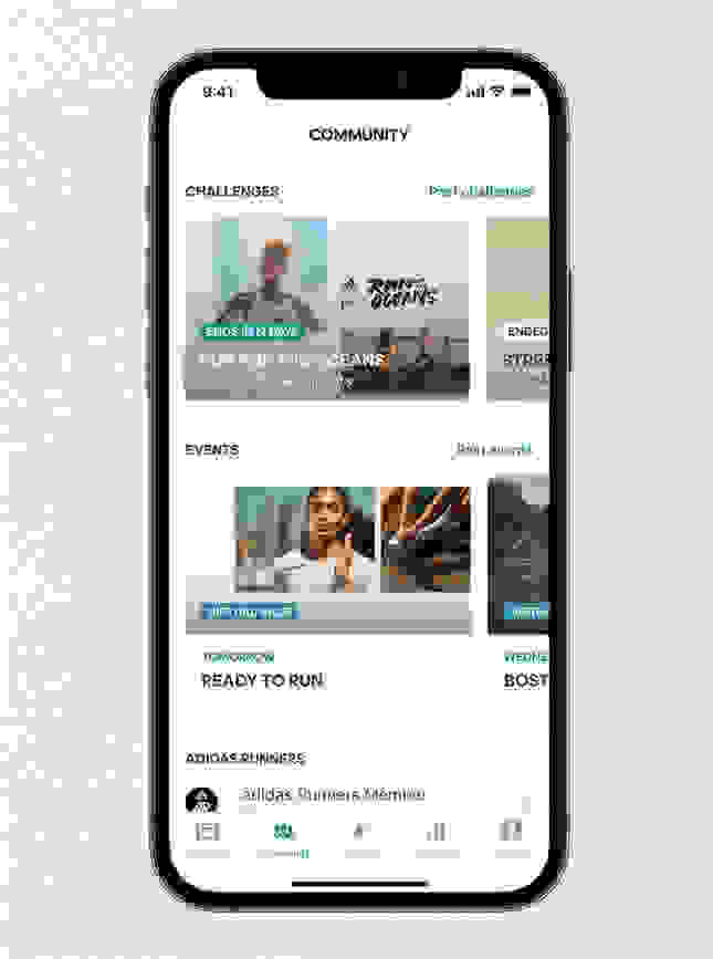 Visual of the adidas running app highlighting the community at the bottom left of the screen