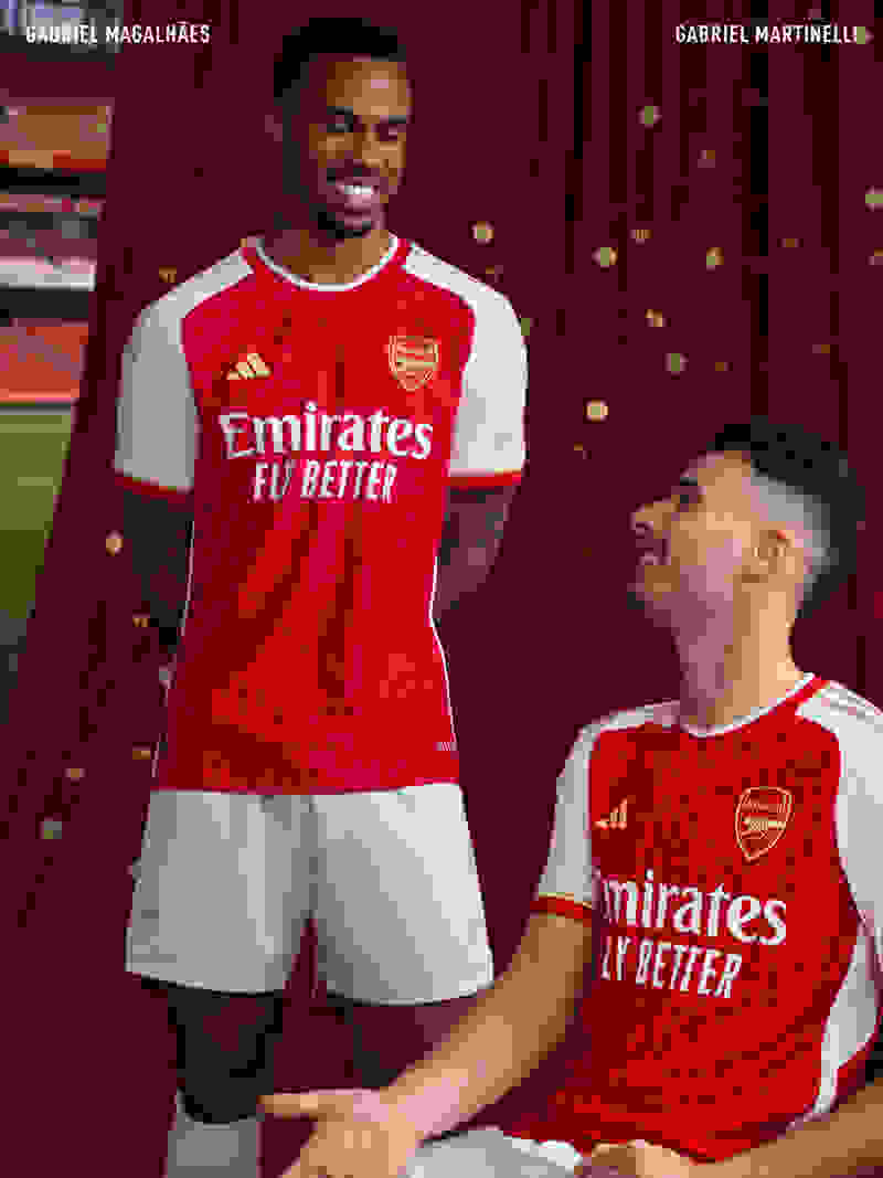 Visual featuring two Male Arsenal pro players wearing the new 23/24 Arsenal Home kit.
