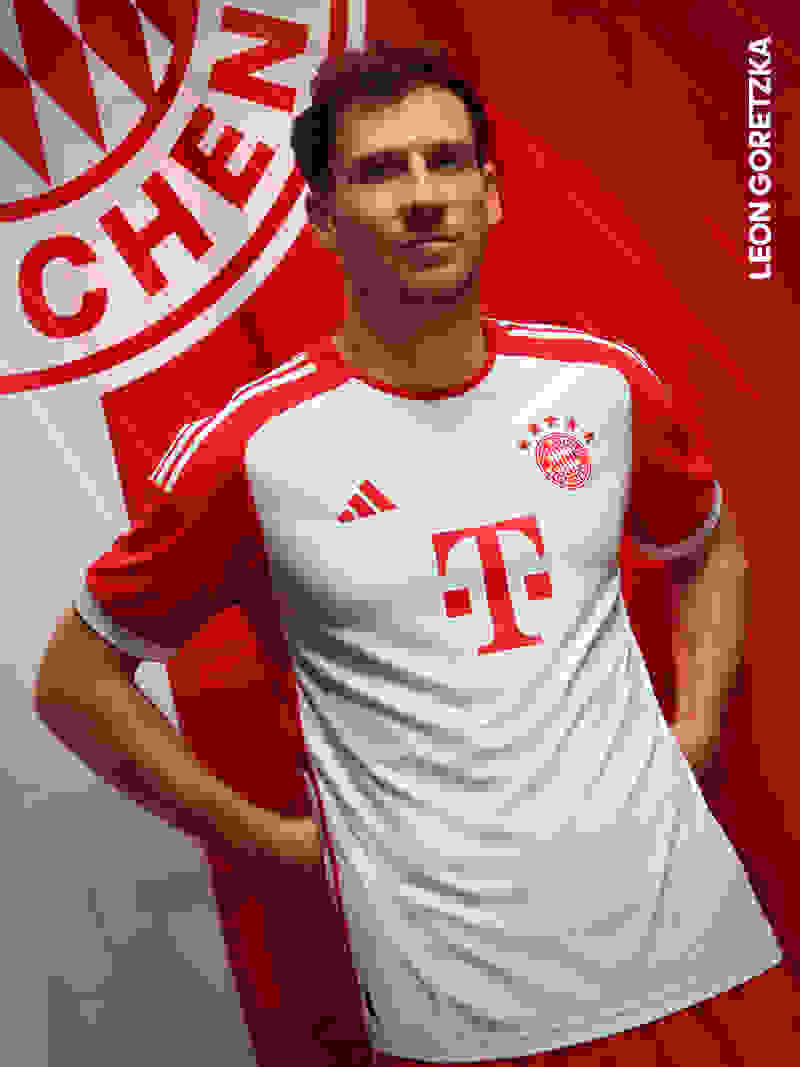 Imagery of a male pro football player wearing the new FC Bayern 23/24 Home kit.