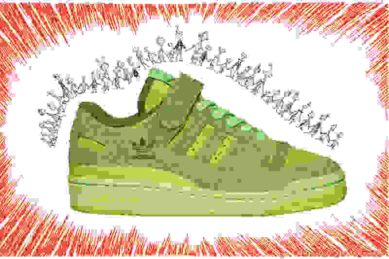 A side view of the Forum, showing the lime green and furry grass green suede upper with matching outsole, laces and ankle strap.