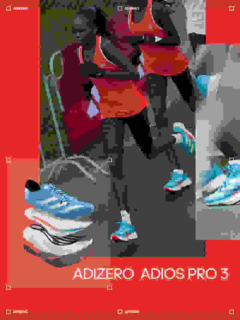 Montage of Peres Jepchirchir wearing Adizero Pro 3 while racing, close-up on running shoe, cross-section of the layers of foam in Adizero Pro 3
