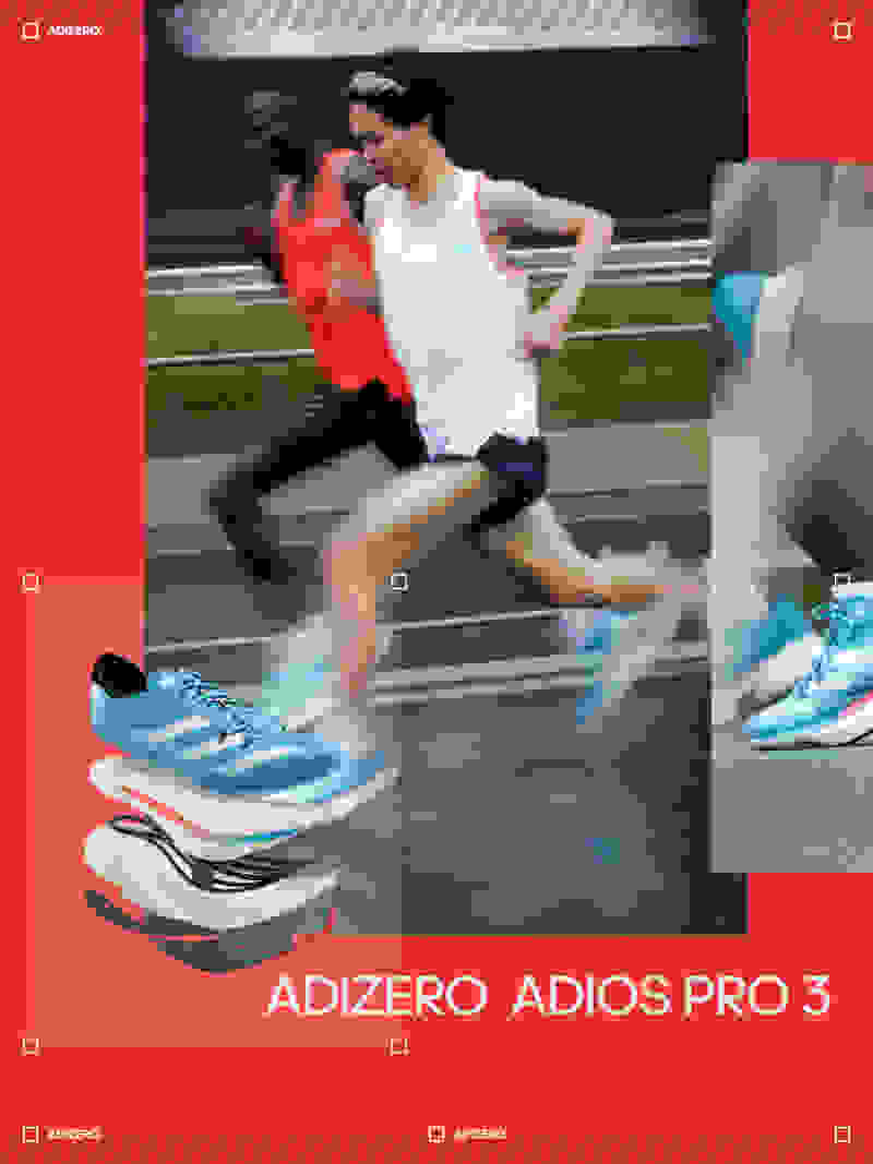Montage of runners in motion wearing Adizero Pro 3, close-up on running shoe, cross-section of the layers of foam in Adizero Pro 3.