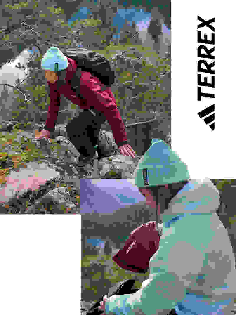 A composition of images of a woman wearing items from the Terrex Adventure Wardrobe collection, including climbing over rocks whilst wearing the red Terrex Xperior gore-tex rain jacket and sitting in front of a lake packing a backpack.
