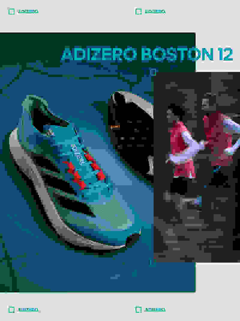 Montage featuring the Adizero Boston 12 running shoe against turquoise backdrop and athletes running outside