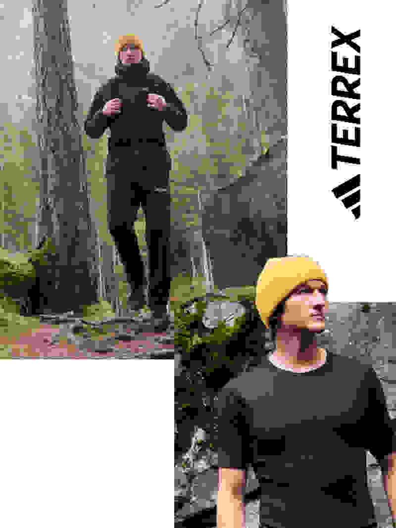 A composition of images of a man wearing products from the Terrex Adventure Wardrobe collection, including a shot of him hiking through a forest wearing a brown zip up fleece and black trousers.