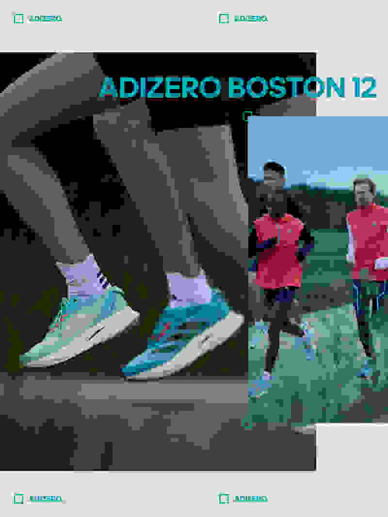 Montage featuring athletes running in the Adizero Boston 12 running shoe and a group of athletes running outside