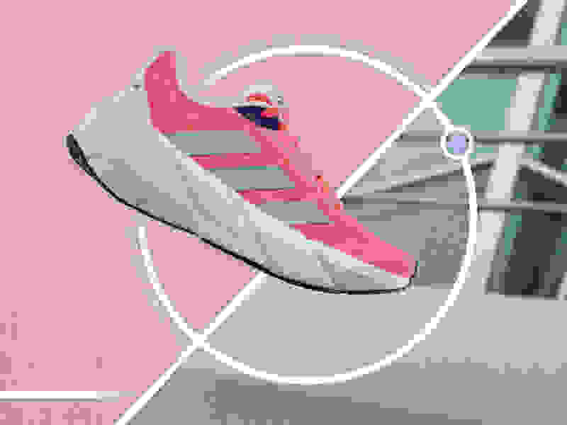 Various adidas running shoe models superimposed over a split-screen of a pink background and alternating landscapes.