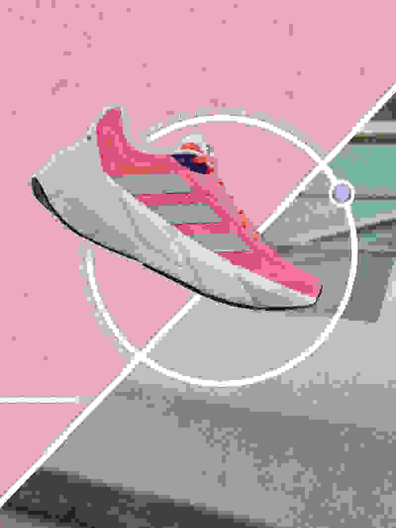 Adistar adidas running shoe superimposed over a split-screen of a pink background and alternating landscapes.