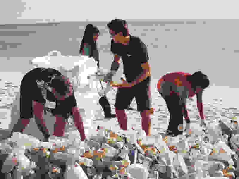 People cleaning up plastic bottles from a beach