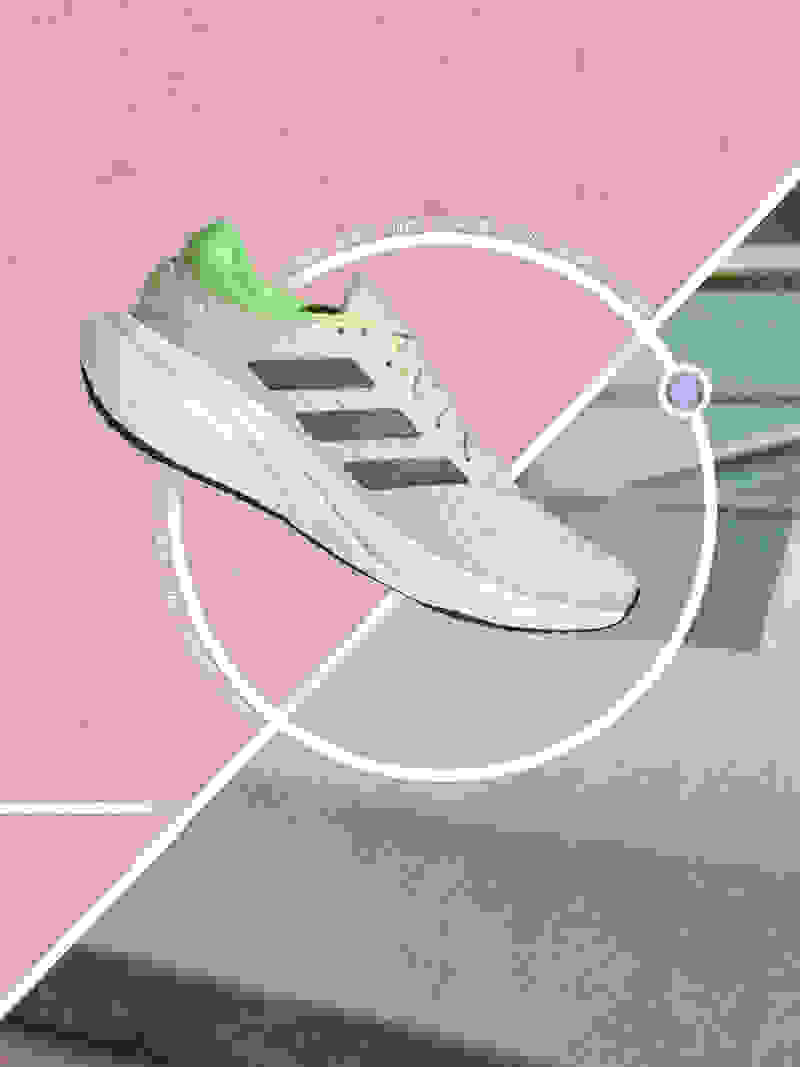 Supernova adidas running shoe superimposed over a split-screen of a pink background and a landscape.