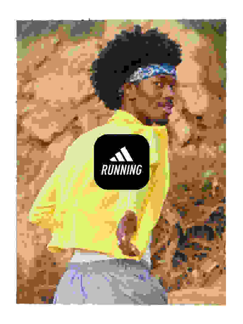 An image with a man looking back in the background and adidas Running application logo in the foreground