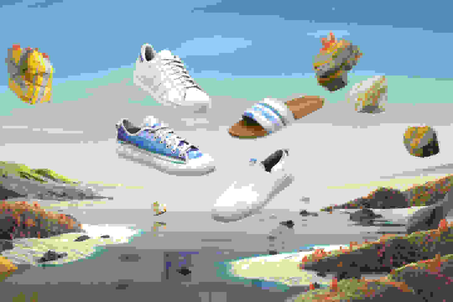 Image of four summer footwear styles in paradise.