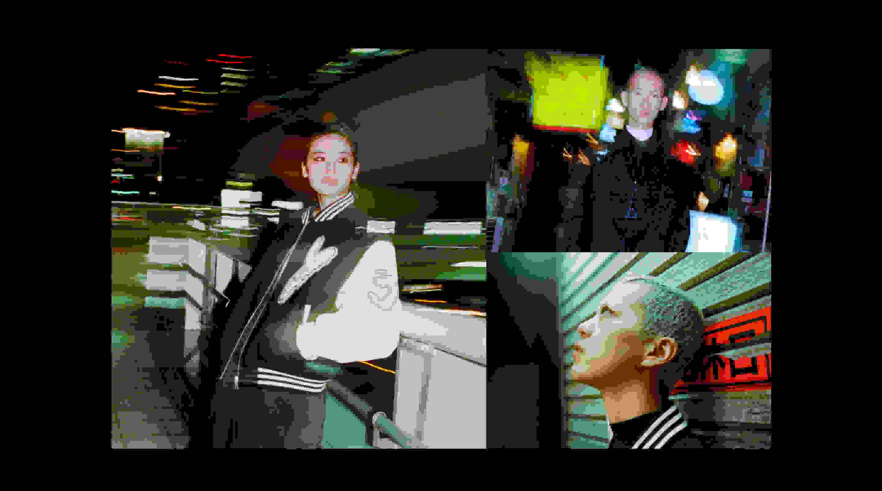 A collage of blurry images of people wearing Y-3 apparel on the street at night.