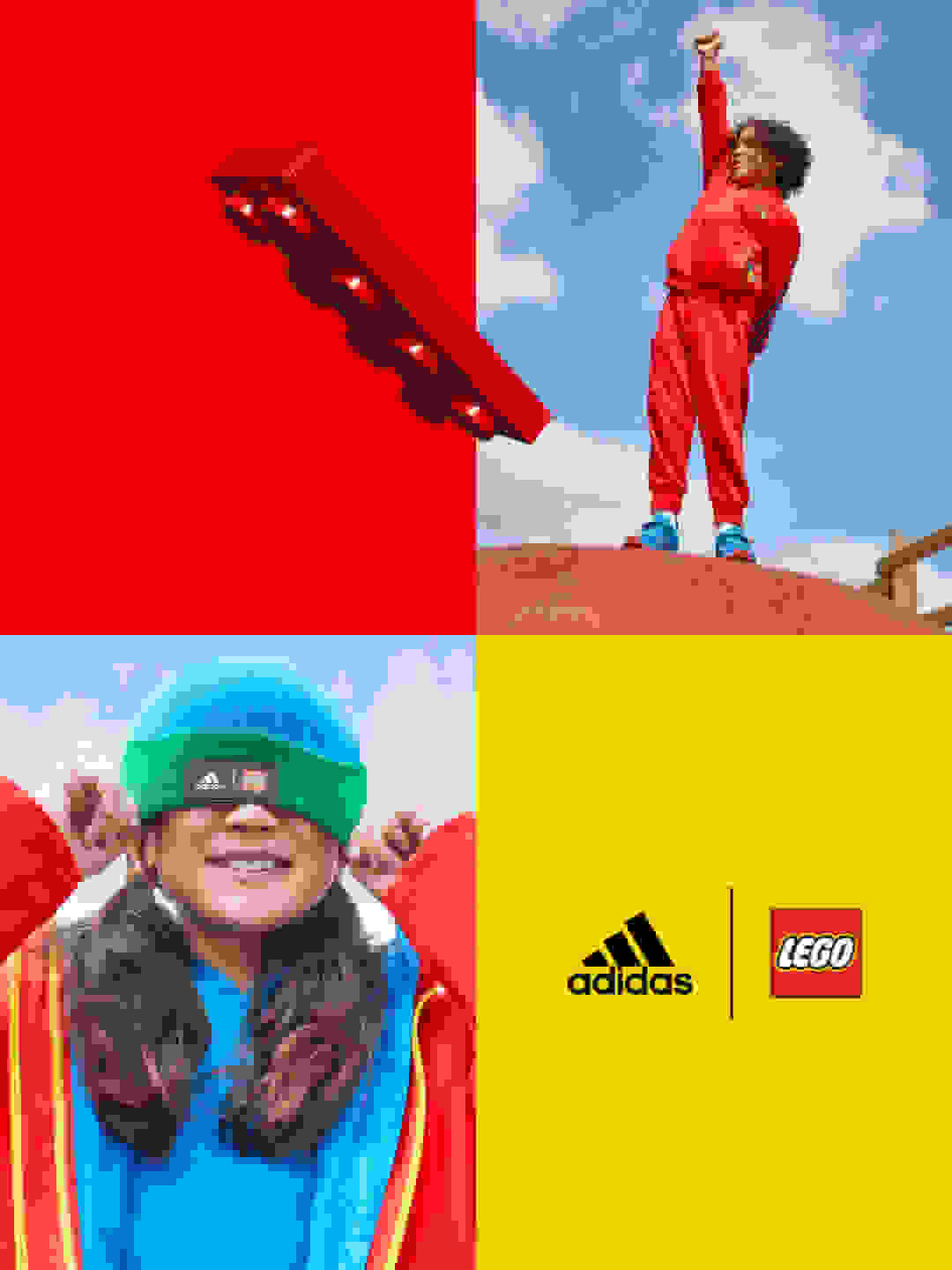A four-quadrant grid image featuring two models sporting garments from the adidas x LEGO® week collection and a red 3D lego brick.