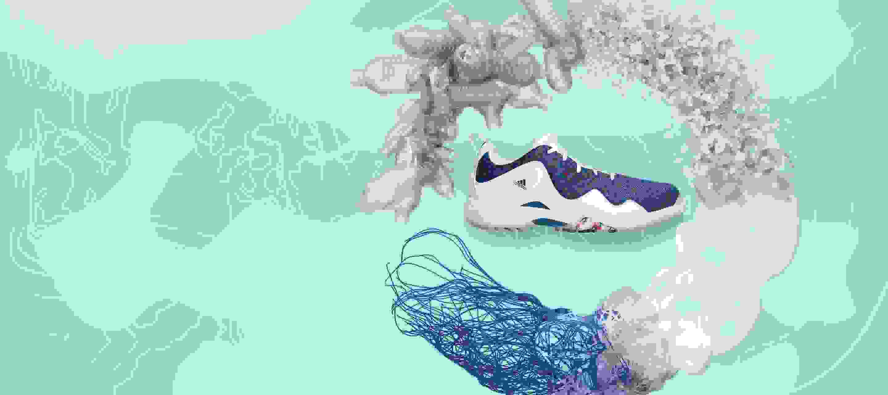 PRIMEBLUE golf shoe show against an aqua background surrounded by recycled plastic