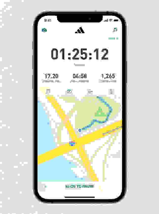 Visual of the run tracking screen and the adidas running app