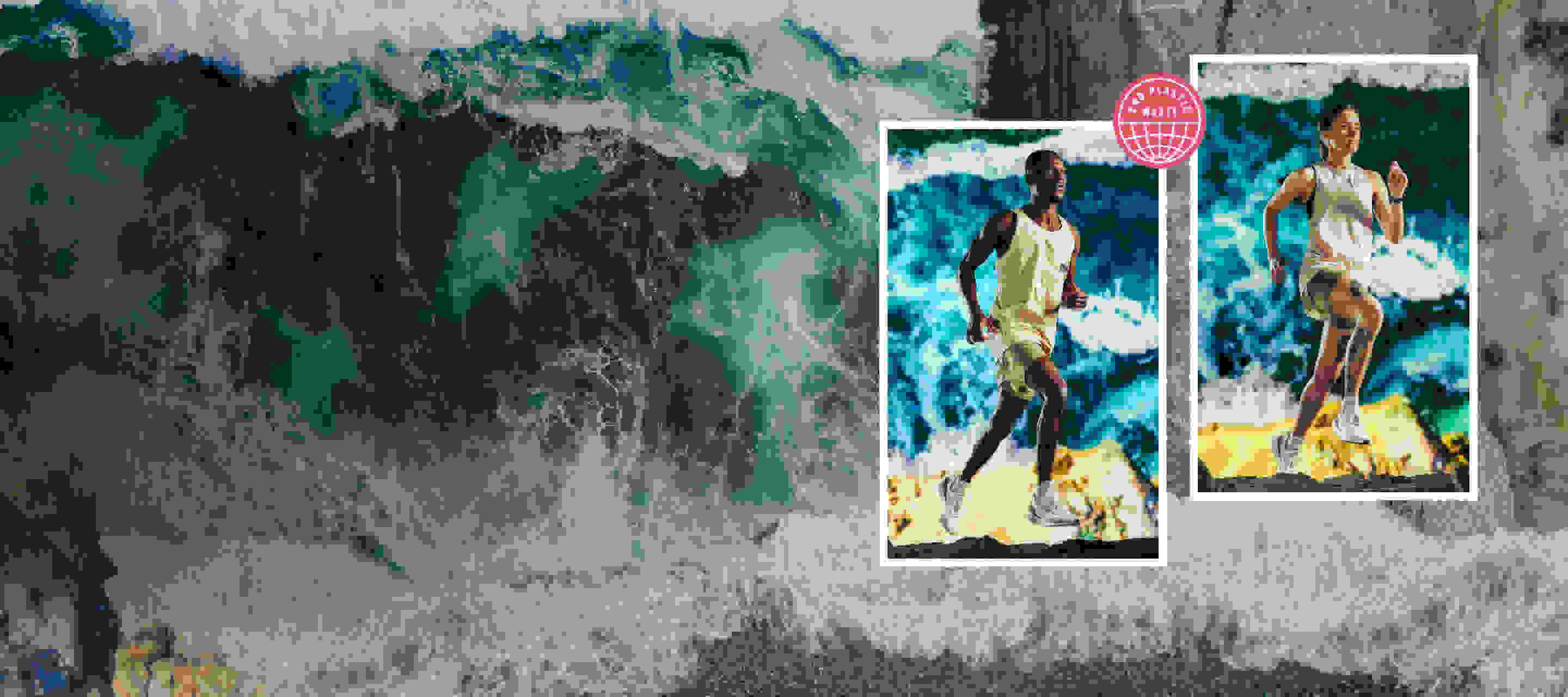 An ocean scene with 2 athletes wearing the new adidas x Parle running collection in the foreground