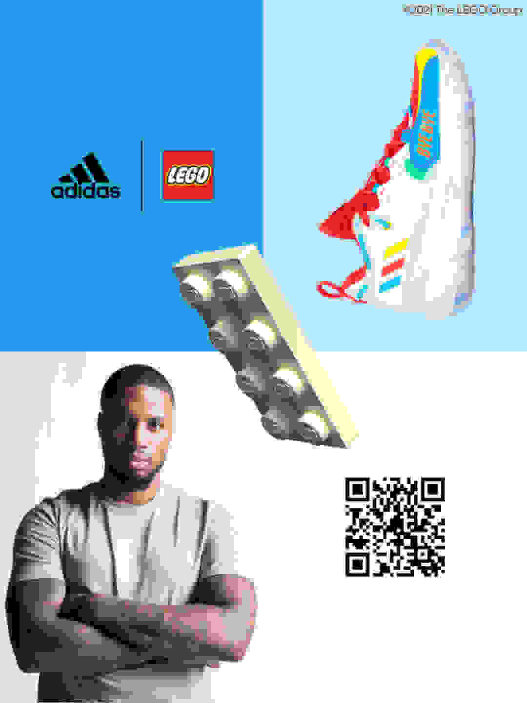 A four-quadrant grid image featuring Damian Lillard and an adidas x LEGO® sneaker from the new basketball collection.