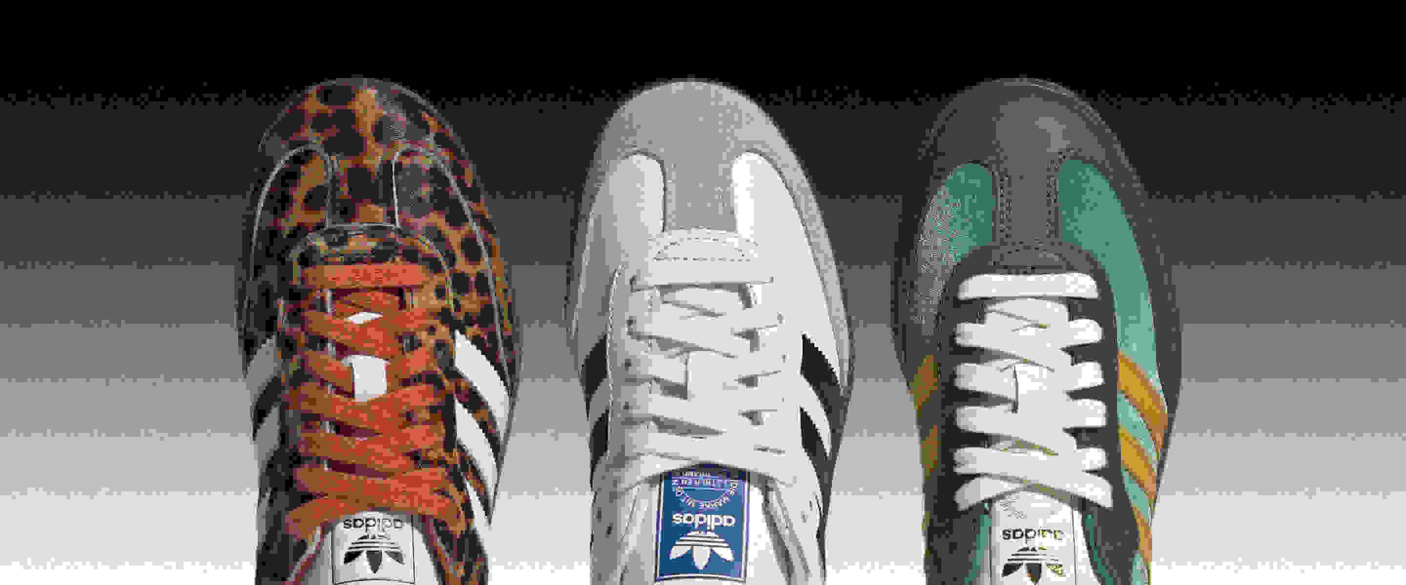 Three styles of adidas Samba with gray gradient background.