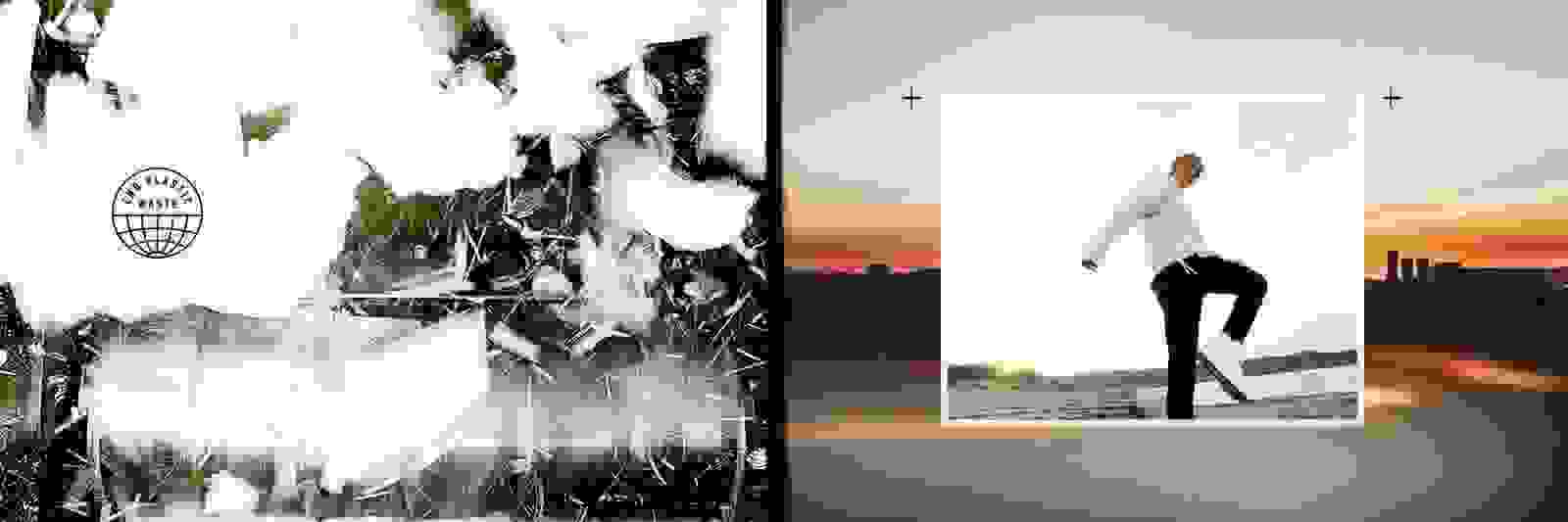 Obraz wygląda jak kolaż lub kompozyt ze zniekształconym, abstrakcyjnym pierwszym planem i spokojnym krajobrazem w tle, przedstawiającym osobę idącą wzdłuż zbiornika wodnego o zachodzie słońca.