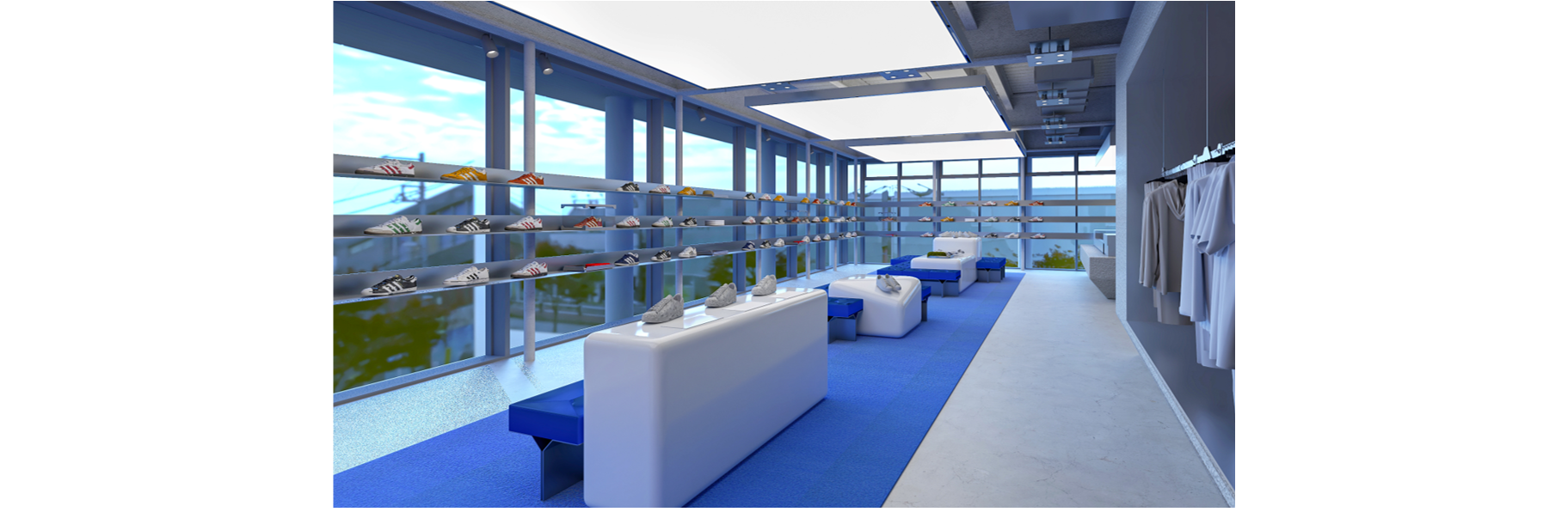 A modern, glass-enclosed space with shelves displaying various items, including what appears to be a collection of shoes or other footwear, and comfortable seating areas in the foreground.