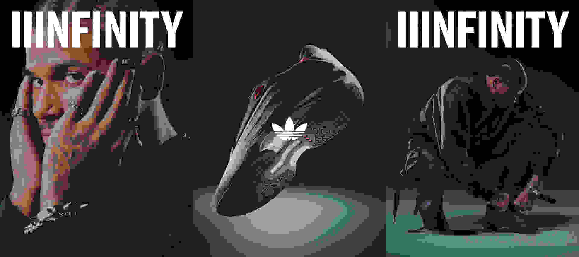 Person with hands on face looking to camera, black basketball shoe floating in dark spotlit environment, person crouching to adjust black basketball shoe.