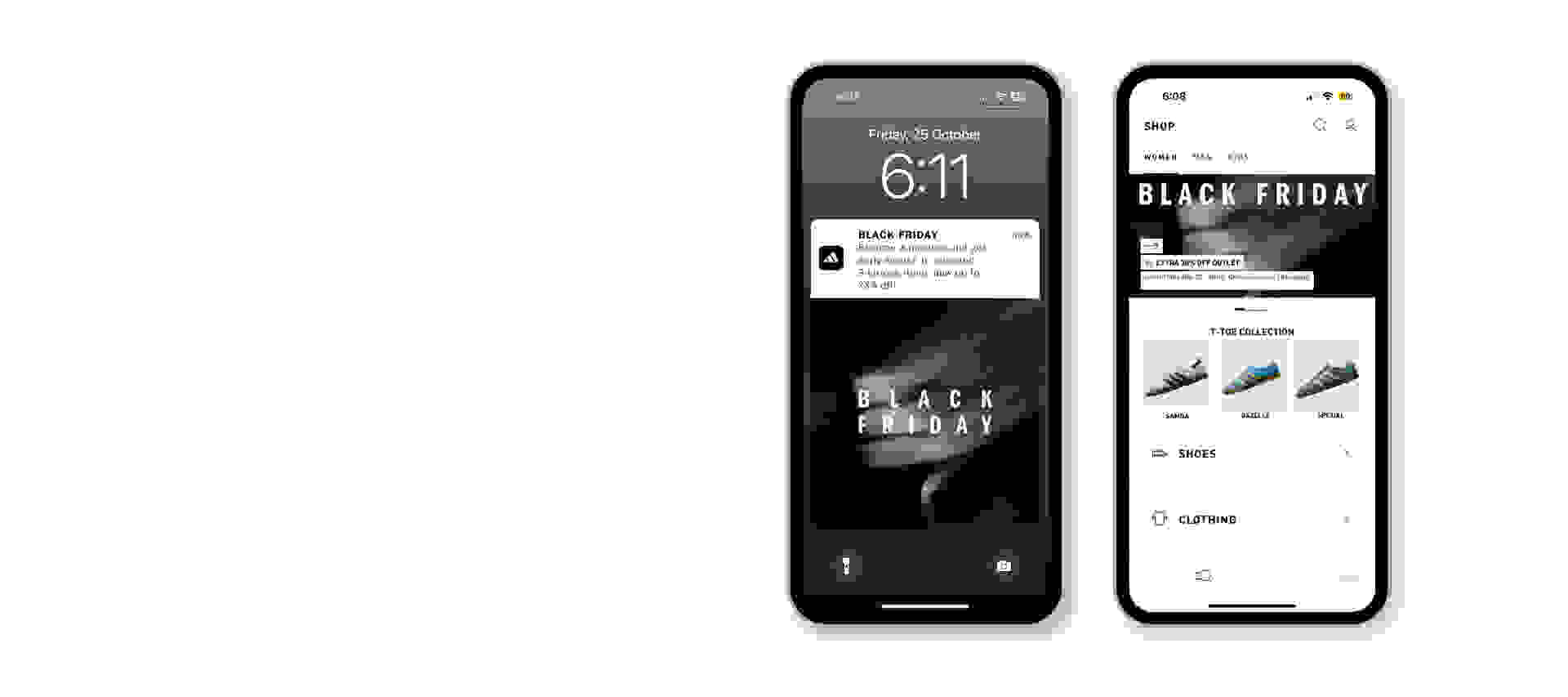 The image displays two smartphone screens showcasing a Black Friday promotional event, with the time displayed as 6:11 on the left screen and various product offerings on the right screen.
