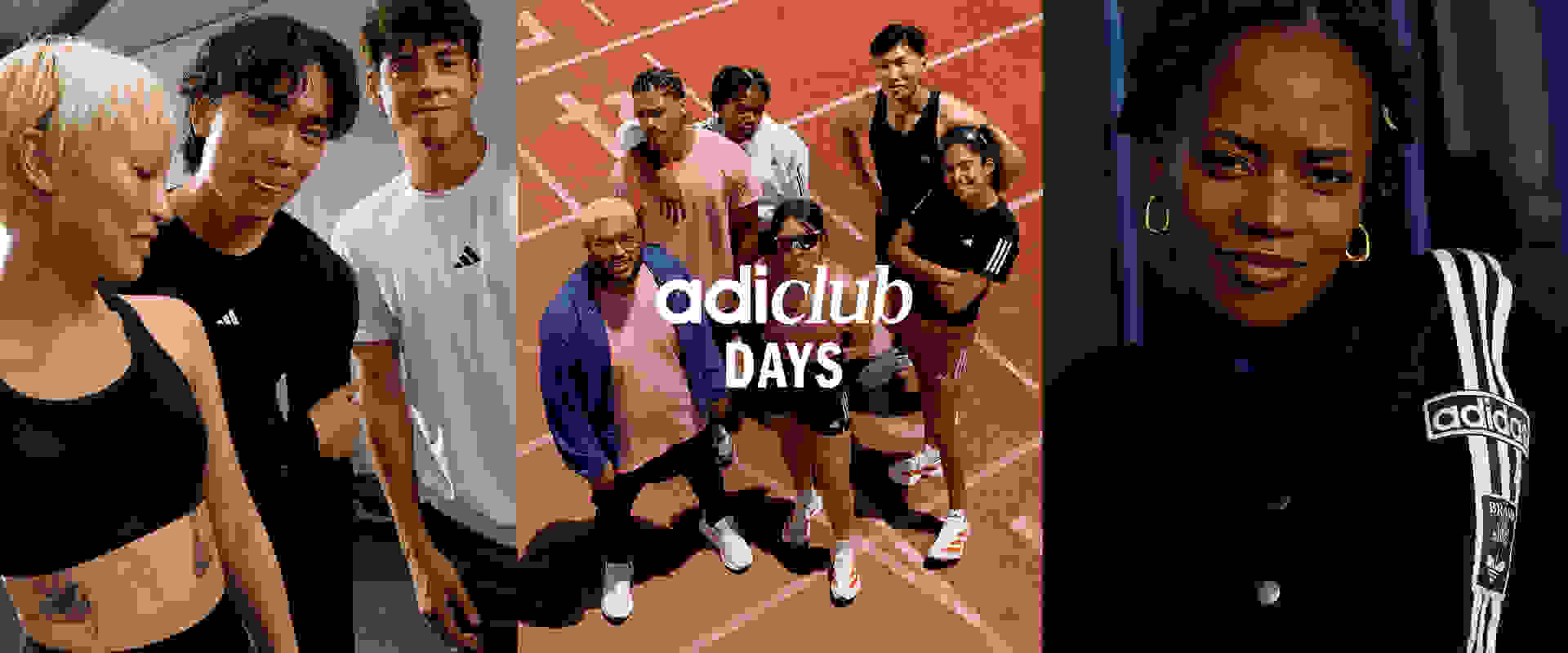 A group of diverse individuals, dressed in athletic attire, are standing on a running track with the text "Adiclub Days" prominently displayed in the background.