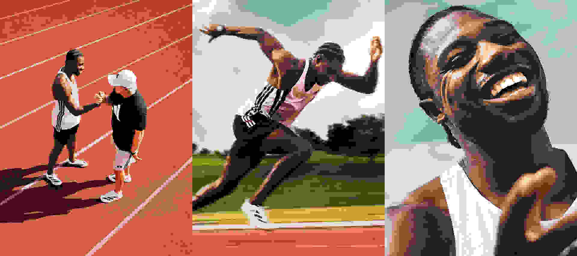 The image depicts a male athlete running on a red track, with another athlete in the background, and a close-up of a smiling male athlete's face.