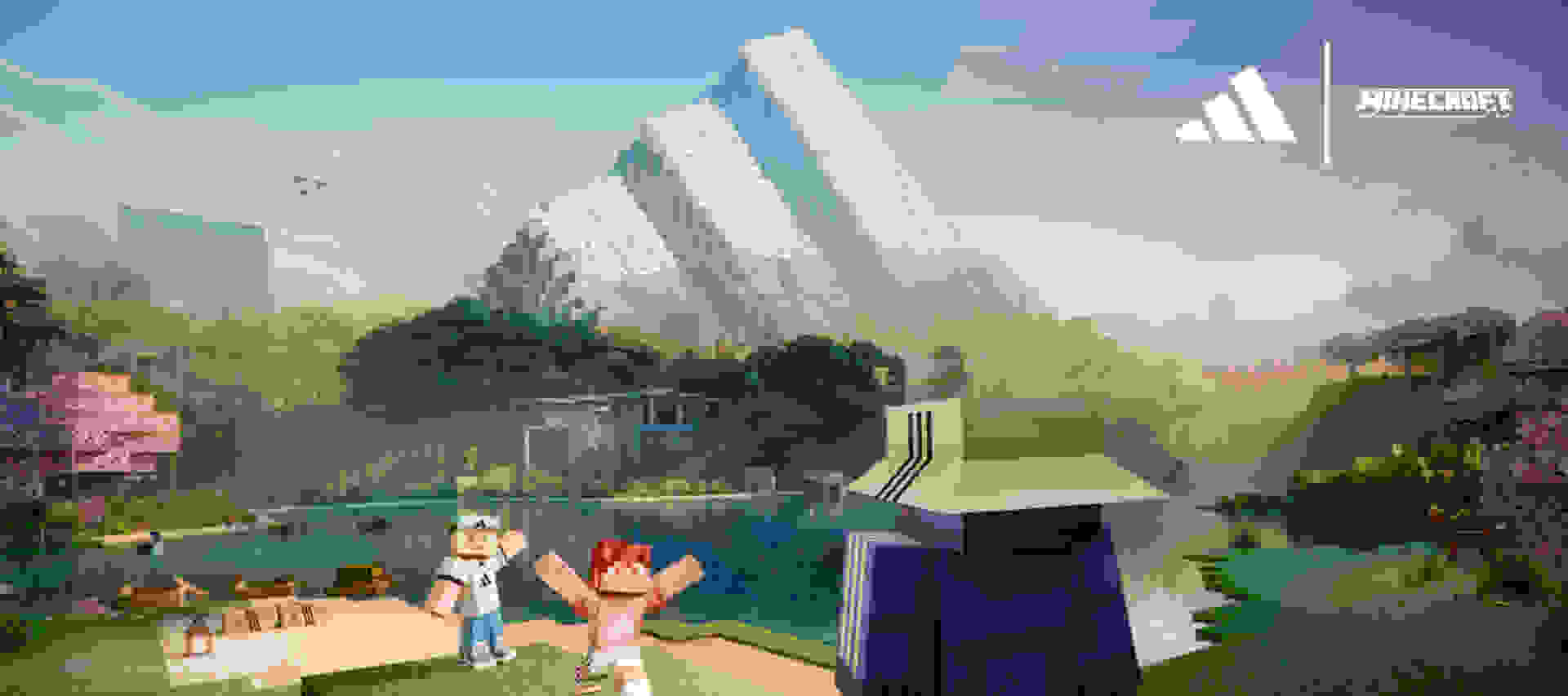 A serene, pixelated landscape with a lake, trees, and two cartoon-like figures standing on a dock, surrounded by towering, crystalline structures in the background.