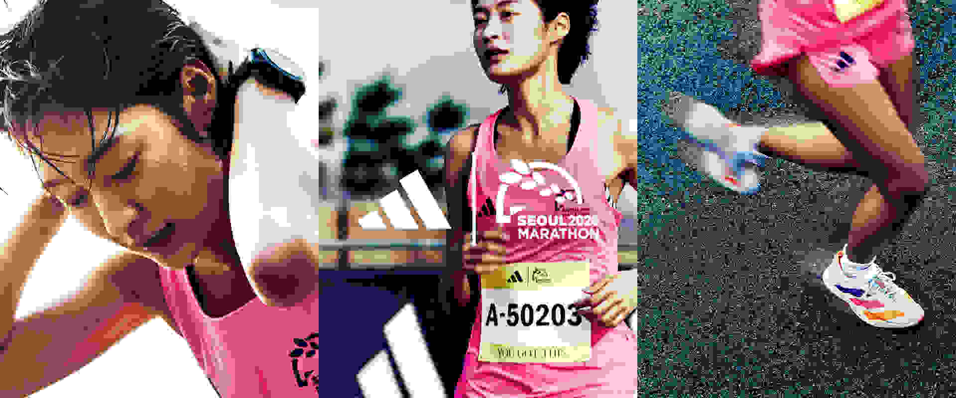 The image depicts a person wearing a pink running jersey with a race number, standing in what appears to be a sports facility or training environment.