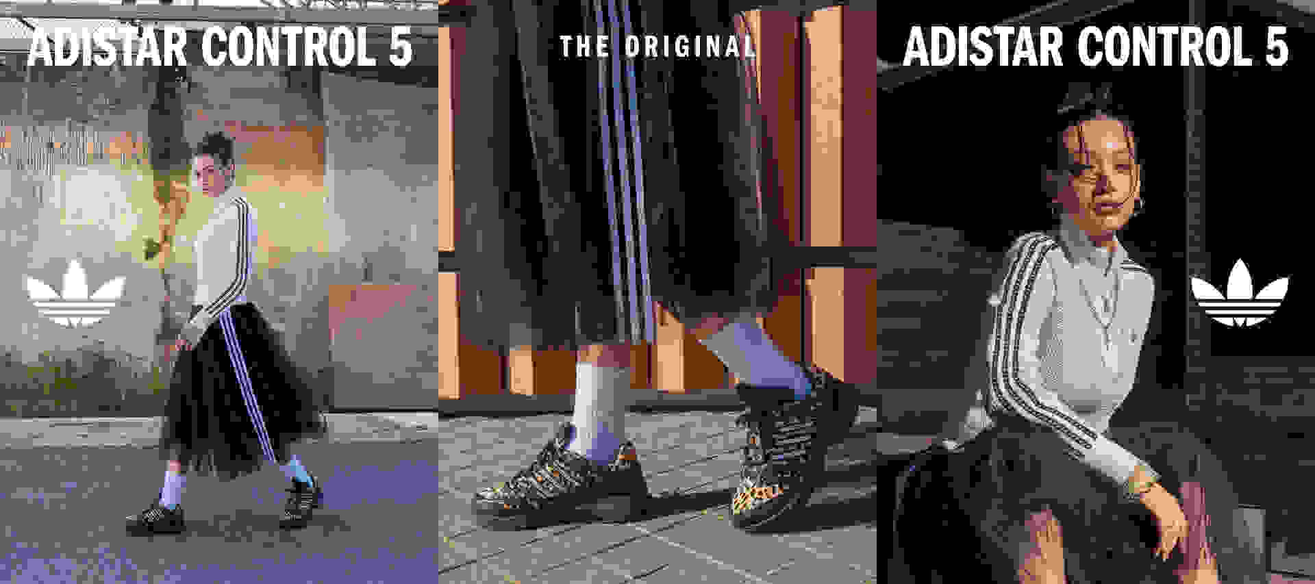 The image shows a display of Adidas Control 5 shoes, with a woman wearing a long skirt and platform shoes in the foreground, and another woman wearing a striped sweater and platform shoes in the background.