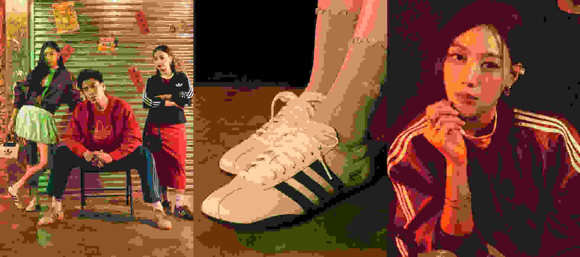 The image shows a group of people in traditional Asian clothing, with a pair of sneakers in the foreground and a woman in a red jacket in the background.