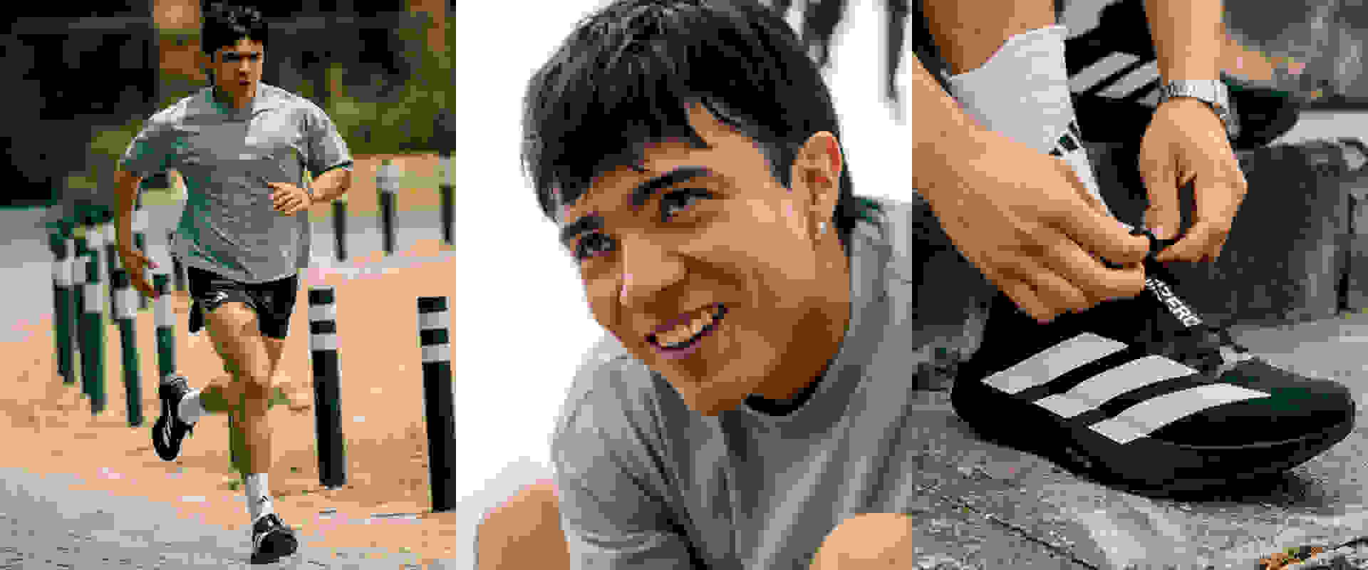 A smiling young man in casual clothing is shown in the foreground, with a blurred background of a park or outdoor setting.