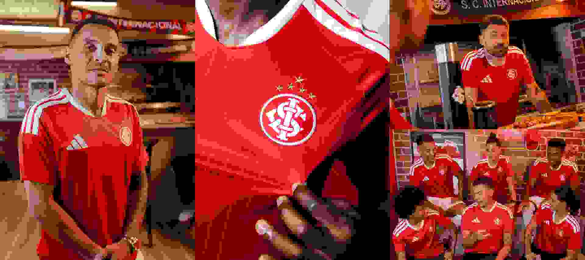 The image shows a red soccer jersey with the logo of the Internacional football club, along with various other jerseys and memorabilia displayed in what appears to be a sports store or fan shop.